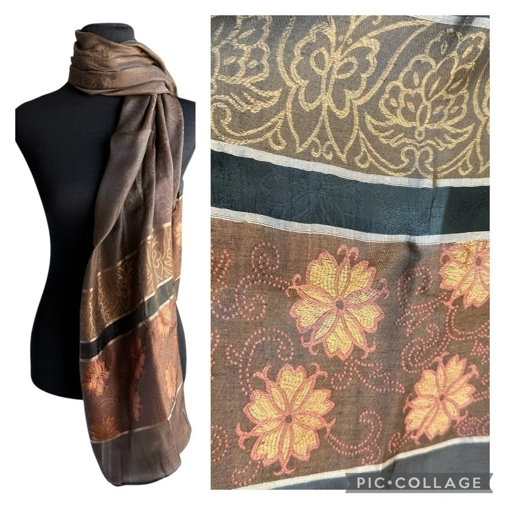 100% Silk Scarf Embroidered Brown Floral Scarf 67x21 Thanksgiving Preppy Fall